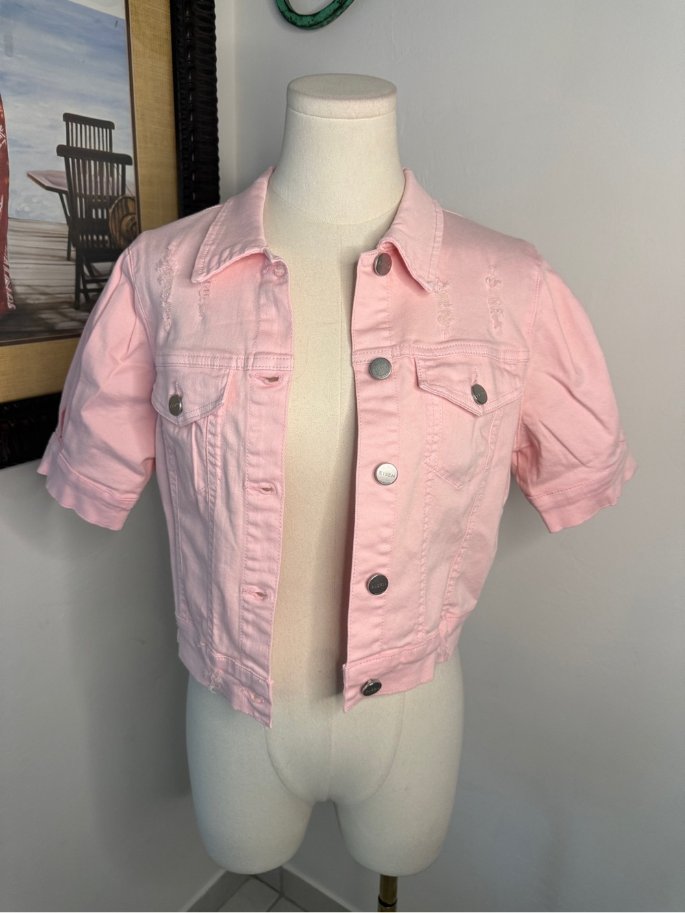 Risen Cropped Pink Short-Sleeve Denim Jacket - Feminine Pink Jean Jacket